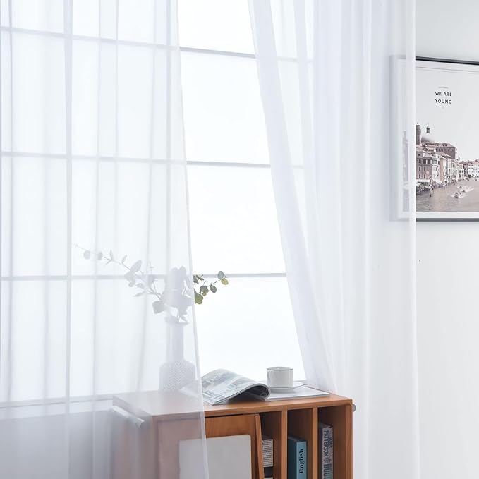 SpaceDresser Sheer White Curtains 4 Panels Rod Pocket Semi-Sheer Curtain 90 Inches Long Light Filtering Voile Window Drapes for Bedroom Living Room Kitchen, Each 52W x 90L