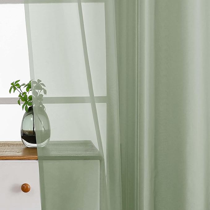 Sage Green Small Sheer Curtains 2 Panels Set, Kitchen Curtains 36 Inch Length, Elegant Light Filtering Short Window Drapes for Living Room Bedroom, Dual Rod Pocket Design, 2x42Wx36L Inches