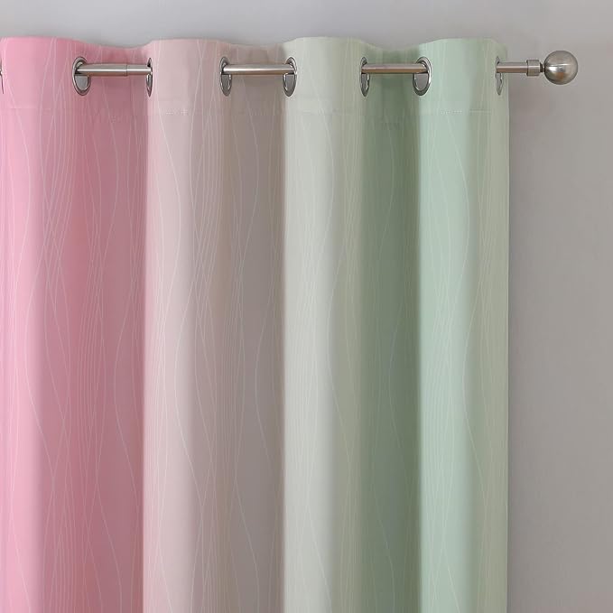 Estelar Textiler Sage Green and Pink Ombre Blackout Curtains 96 Inches Long for Bedroom, Thermal Insulated Full Light Blocking Grommet Gradient Blackout Drapes for Living Room, 52Wx96L, 2 Panels