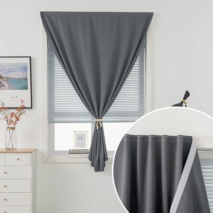 Magic Tape Stick On Curtains Window Shades Pull Down Blackout Window Cover Blackout Curtains for Bedroom No Drillng Self Adhesive Curtains No Rod Small Curtain, 47" W X 79" L, Grey, 1 Panel