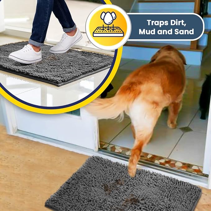 Muddy Mat® | Super Absorbent Door Mat Indoor, Microfiber Quick Dry Chenille Entryway Rug, Non-Slip Front Door Mat, Indoor Mats for Entryway, Machine Washable Pet Rug, Grey 28"x18"