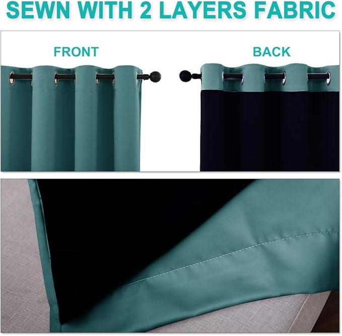 NICETOWN 100% Blackout Window Curtain Panels, Sea Teal, 2 Pieces, 42-inch Wide Per Panel, Full Light Blocking Drapes with Black Liner for Nursery, 72-inch Drop Thermal Insulated Draperies