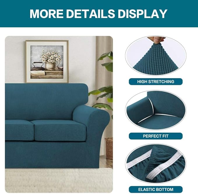 Turquoize 3 Piece Sofa Covers for 2 Cushion Couch Sofa Slipcover Soft Couch Cover for Dogs-Washable Sofa Furniture Covers with 2 Individual Cushion Covers, Feature Fabric (2 Cushion Sofa, Deep Teal)