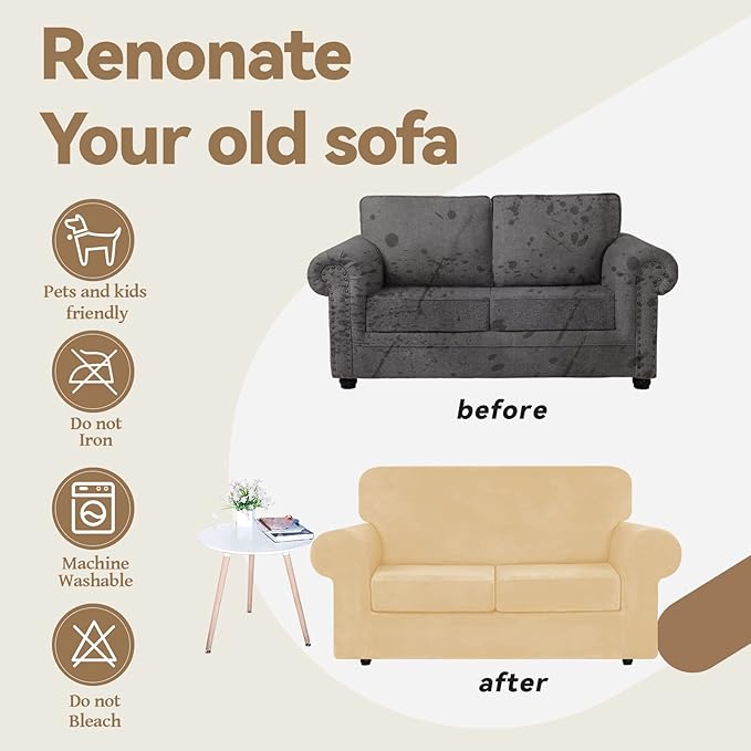 WEERRW Velvet Couch Covers for 2 Cushion Couch Sofa - High Stretch Luxury Velvet Plush 3 Pieces Sofa Slipcovers with Elastic Bottom, Furniture Protector for Pets, Machine Washable, Champagne, Medium