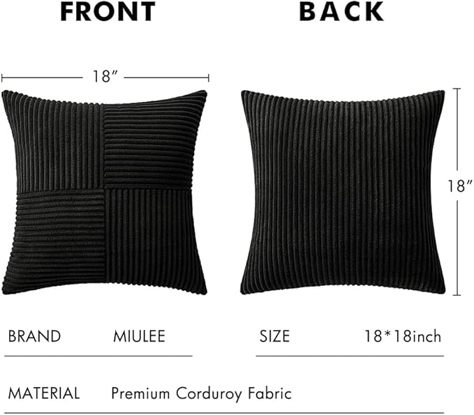 MIULEE Black Decorative Throw Pillow Covers 18x18 Inch for Couch Bed Sofa Pack of 4 Boho Farmhouse Throw Pillows Soft Cross Corduroy Patchwork Textured Cushion Cases