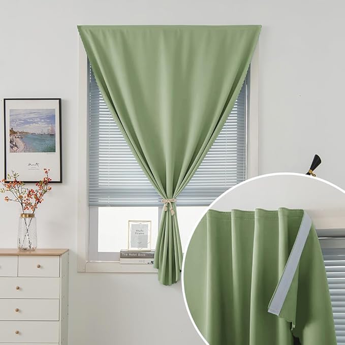 Magic Tape Blackout Curtains for Bedroom No Drillng Self Adhesive Curtains No Rod Small Window, 47" W X 84" L, Sage Green, 1 Panel