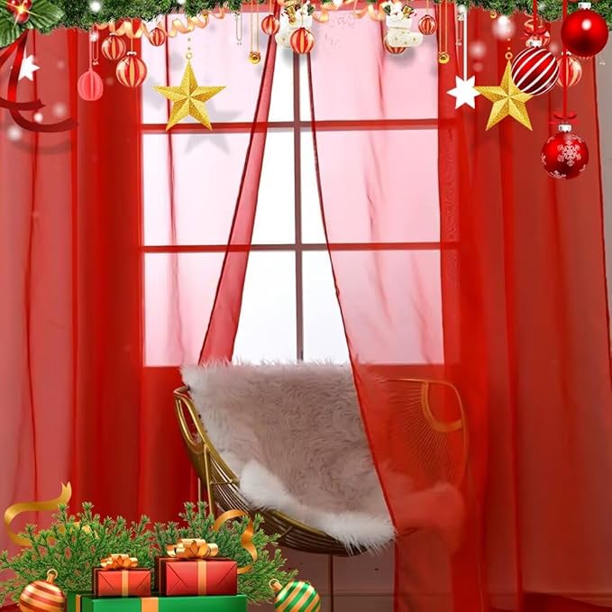 SpaceDresser Sheer Voile Window Treatment Rod Pocket Curtain Panels for Kitchen Bedroom Living Room Drapes Sunlight Filtering Privacy Semi Home Decor Assorted (Red, 52 W x 54 L)