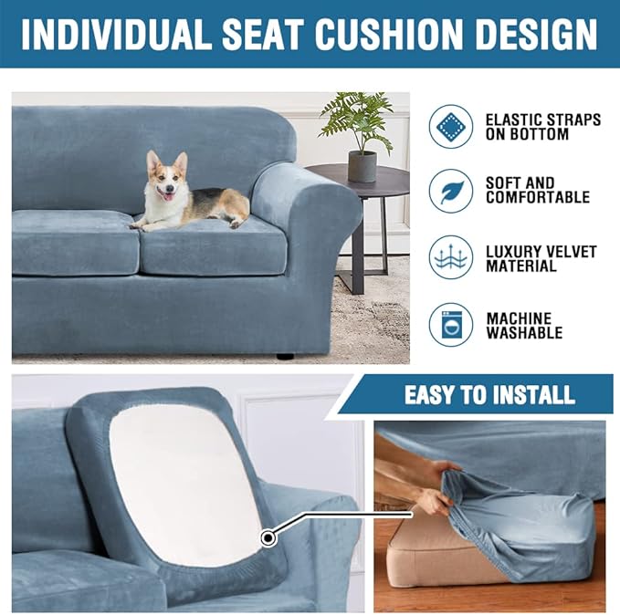H.VERSAILTEX Real Velvet Plush 3 Piece Stretch Sofa Covers Couch Covers for 2 Cushion Couch Sofa Slipcovers Width Up to 90 Inch Feature Thick Soft Stay in Place (Large Sofa, Stone Blue)