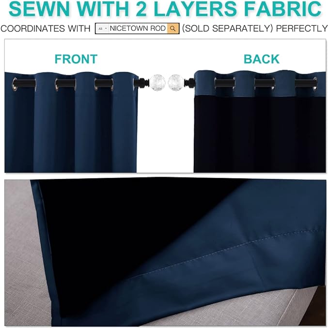 NICETOWN 100% Blackout Blinds, Laundry Room Decor Window Treatment Curtains, Thermal Insulated Energy Smart Drapes and Draperies for Villa, Hall and Studio, Navy Blue, Set of 2, 62 inches x 95 inches
