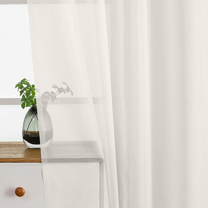 Ivory Window Sheer Curtains 45 Inches Length, Voile Short Curtains for Living Room Bedroom, Modern Soft Window Drapes 2 Panels Set, Top Dual Rod Pocket Design, 2x42Wx45L Inches