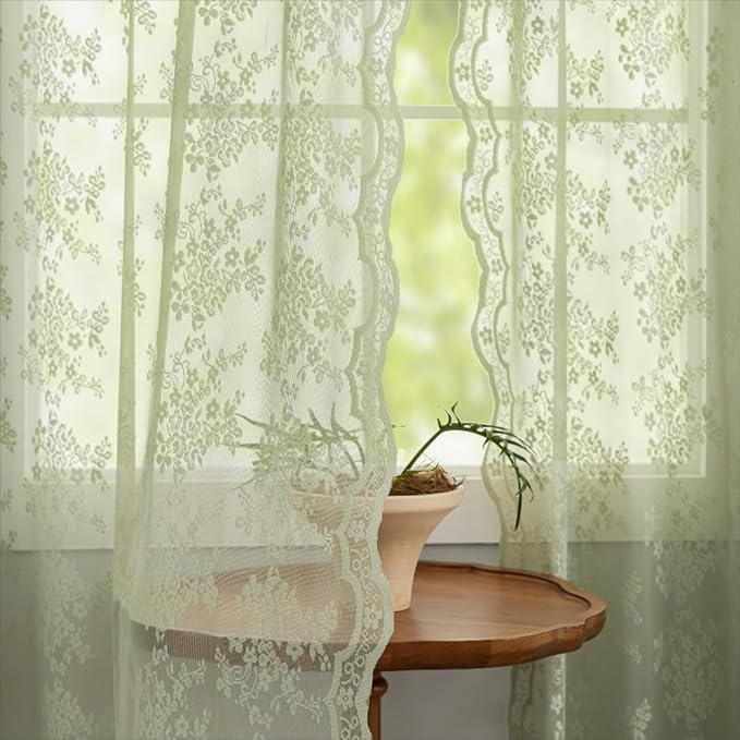 YJ YANJUN Vintage Lace Curtains 108 Inches Long-Victorian Floral Pattern Boho Sage Green Sheer Curtain Panels for Dining Room Living Room Big Windows and High Ceilings 2 Panels