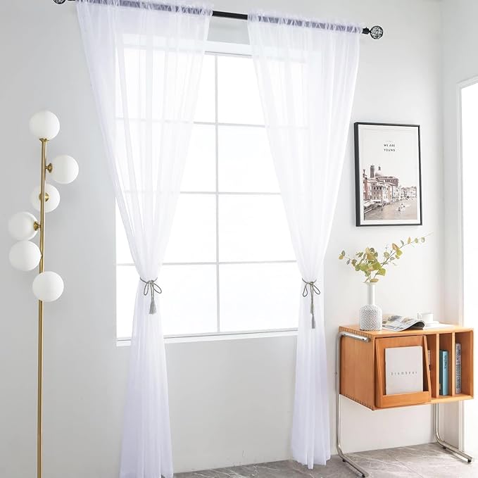 SpaceDresser Sheer Voile Window Treatment Rod Pocket Curtain Panels for Kitchen Bedroom Living Room Drapes Sunlight Filtering Privacy Semi Home Decor Assorted Colors Sizes (Optical White, 52 W x 84 L)