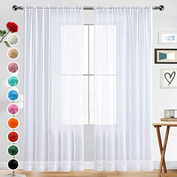 SpaceDresser Basic Rod Pocket Sheer Voile Window Curtain Panels White 1 Pair 2 Panels 60 Width 72 Inch Long for Kitchen Bedroom Children Living Room Yard(White,60 W x 72 L)