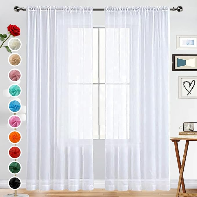 SpaceDresser Basic Rod Pocket Sheer Voile Window Curtain Panels White 1 Pair 2 Panels 38 Width 63 Inch Long for Kitchen Bedroom Children Living Room Yard(White,38 W x 63 L)
