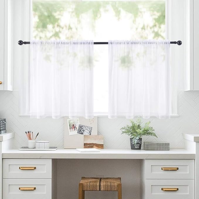 MIULEE 2 Panels Kitchen Tiers Half Window Sheer Curtains Rod Pocket Voile Drapes for Kitchen Bathroom Small Windows 29 by 36 Inch White