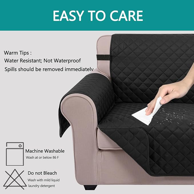 U-NICE HOME Reversible Sofa Cover Couch Cover for Dogs with Elastic Straps Water Resistant Furniture Protector for Pets Couch Cover for 3 Cushion Couch (Sofa, Black/Black)