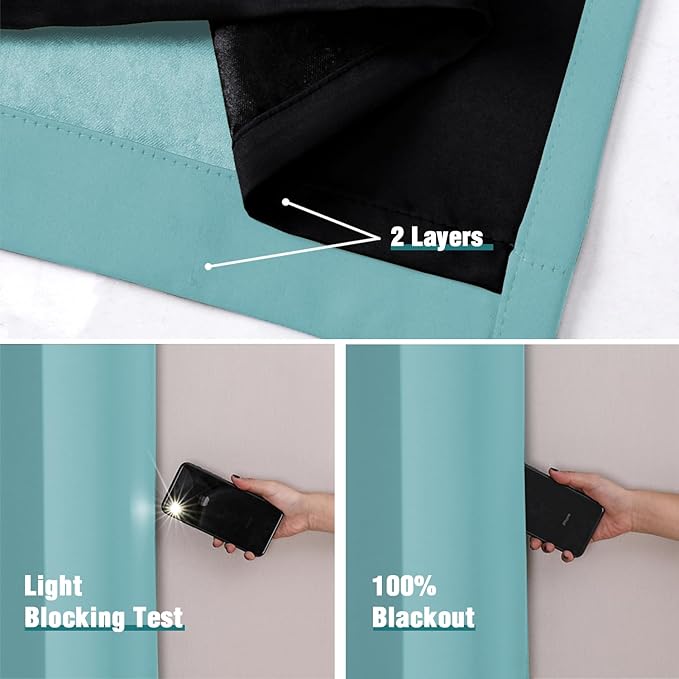 ChrisDowa 100% Blackout Curtains 78 inch Long for Bedroom with Black Liner, 2 Thick Layers Total Blackout Thermal Insulated Grommet Window Curtains 2 Panels Set (Aqua, 42 x 78 Inch)