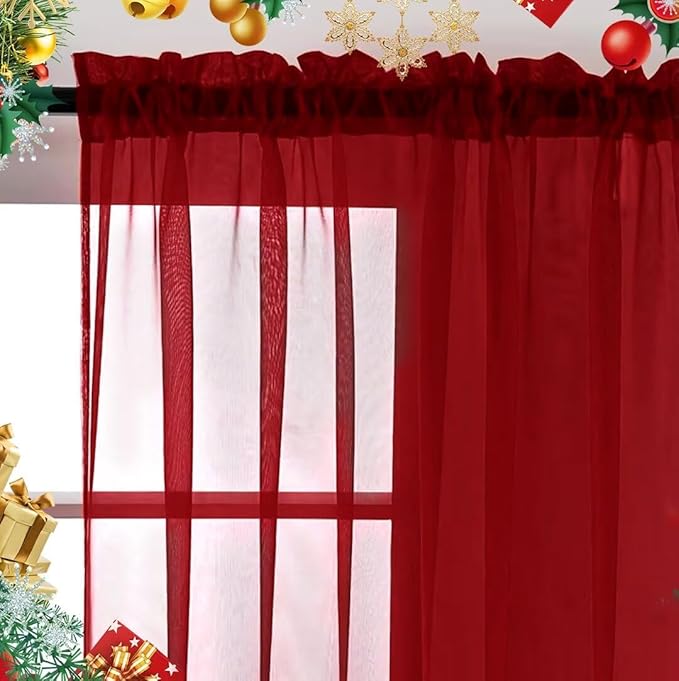 SpaceDresser Sheer Voile Window Treatment Rod Pocket Curtain Panels for Kitchen Bedroom Living Room Drapes Sunlight Filtering Privacy Semi Home Decor Assorted Colors Sizes (Christmas Red, 52 W x 45 L)