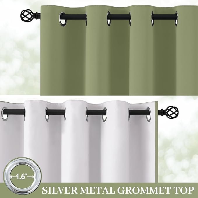 Yakamok 100% Blackout Curtains for Living Room, Thermal Insulated Blackout Curtains 84 inch Length Heat and Full Light Blocking Curtains Window Drapes for Bedroom with White Backing, Sage, W40 x L84
