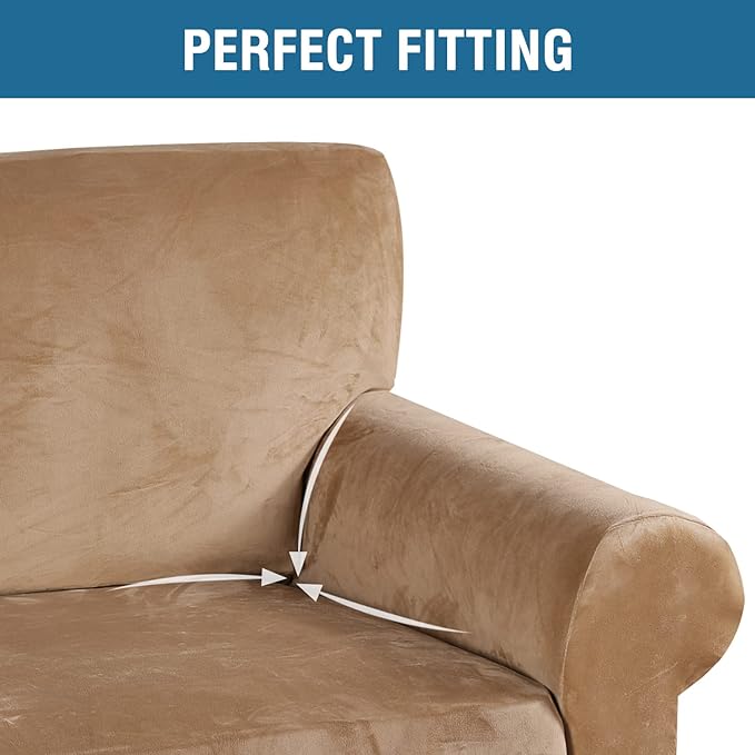H.VERSAILTEX Stretch Velvet Armchair Cover Couch Covers 1 Cushion Chair Slipcover for Living Room Furniture Cover Crafted from Thick Comfy Rich Velour (Chair 31"-49", Camel)