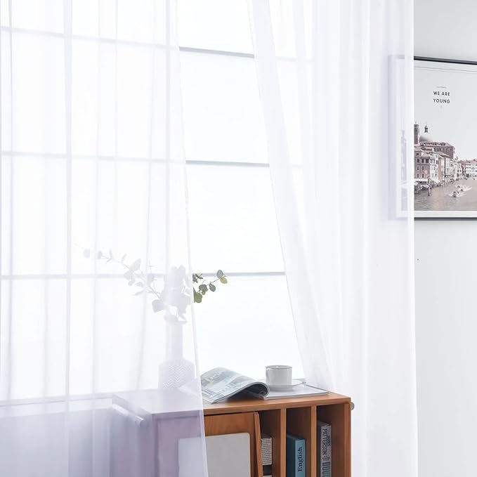 SpaceDresser Sheer Voile Window Treatment Rod Pocket Curtain Panels for Kitchen Bedroom Living Room Drapes Sunlight Filtering Privacy Semi Home Decor Assorted Colors Sizes (Optical White, 52 W x 84 L)