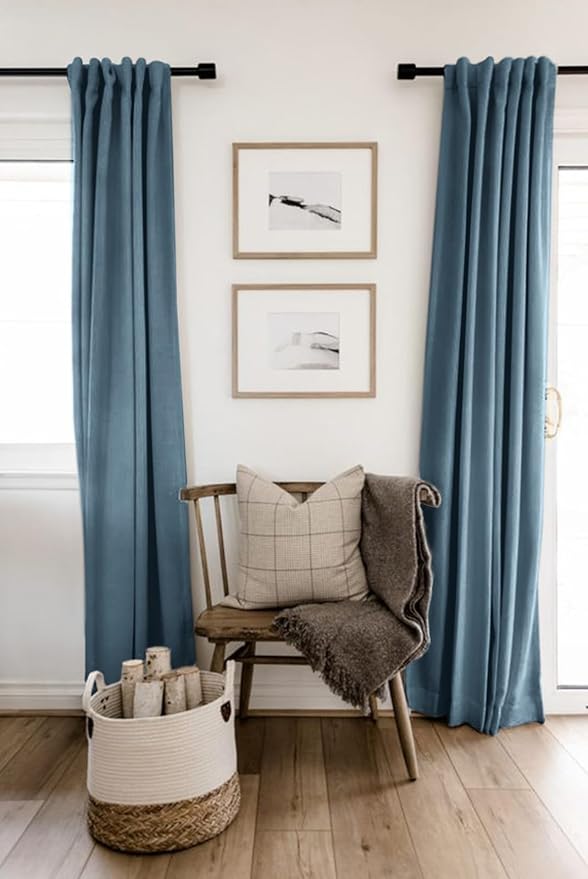 100% Blackout Shield Linen Blackout Curtains for Bedroom 96 Inches Long, Back Tab/Rod Pocket Living Room Drapes, Thermal Insulated Blackout Curtains 2 Panels Set, 50" W x 96" L, Stone Blue