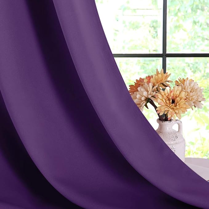 NICETOWN Royal Purple Blackout Curtain Panels 48 inch Long Set of 2 for Bedroom, Thermal Insulated Grommet Top Light Blocking Draperies and Drapes for Basement (W34)