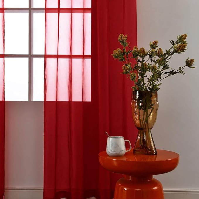 SpaceDresser Christmas Red Sheer Curtains 4 Panels Rod Pocket Semi-Sheer Curtain 63 Inches Long Light Filtering Voile Window Drapes for Bedroom Living Room Kitchen, Each 52W x 63L