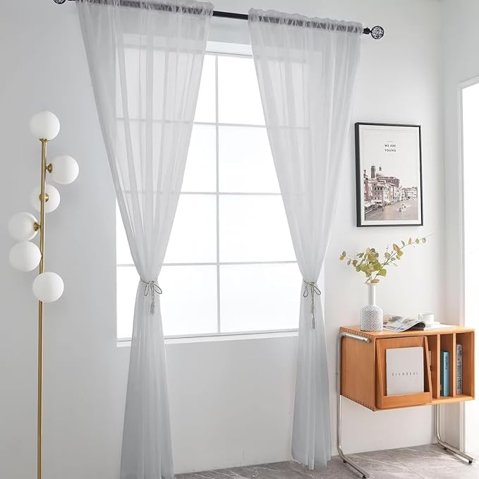 SpaceDresser Basic Rod Pocket Sheer Voile Window Curtain Panels Silver Grey 1 Pair 2 Panels 52 Width 63 Inch Long for Kitchen Bedroom Children Living Room Yard（Silver Grey, 52W x 63L）