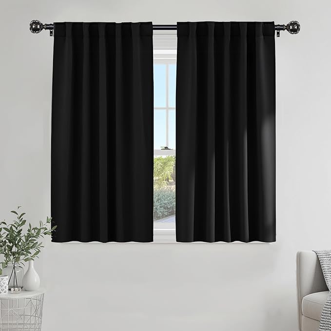 PONY DANCE Blackout Curtains for Bathroom - Solid Light Window Decor for Kitchen/Bedroom,RV Drapes for Camper Windows, 34x45 inch, 2 Curtain Panels, Black