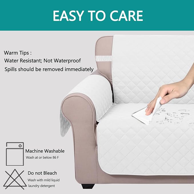 U-NICE HOME Recliner Chair Covers Reversible Chair Cover Pet Covers for Dogs with Elastic Straps Water Resistant Diamond Quilted (28''Recliner Oversized, White/White)