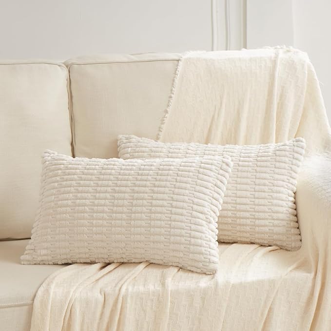 Fancy Homi 4 Packs Boho Cream Decorative Throw Pillow Covers 12x24 Inch for Living Room Couch Bed Sofa, Rustic Modern Farmhouse Home Decor, Soft Plush Corduroy Beige Cute Square Cushion Case 30x60 cm