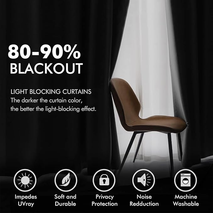 MIULEE Black Out Velvet Curtains 96 Inch Length Halloween Room Darkening Long Blackout Curtains with Grommet Top for Bedroom/Living Room Light Blocking Thermal Insulating Soundproof Set of 2, Black
