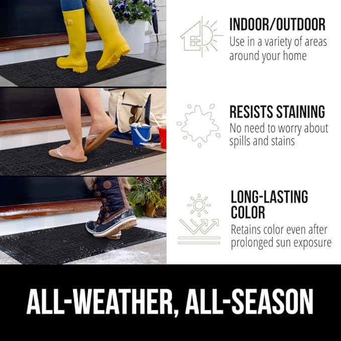 GORILLA GRIP 100% Waterproof All-Season WeatherMAX Doormat, 47x35, US Designed Natural Rubber, Stain and Fade Resistant, Low Profile Indoor Outdoor Door Mats, Easy Clean Patio Mat, Black Maze