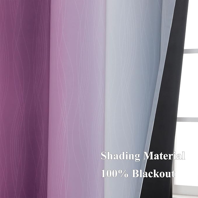 Ombre Purple and Gray Blackout Curtains 63 Inch Length 2 panels, Full Room Darkening Grommet Thermal Insulated Gradient Drapes for Girls Room, Full Light Blocking Curtains for Bedroom, 42x63 Inch