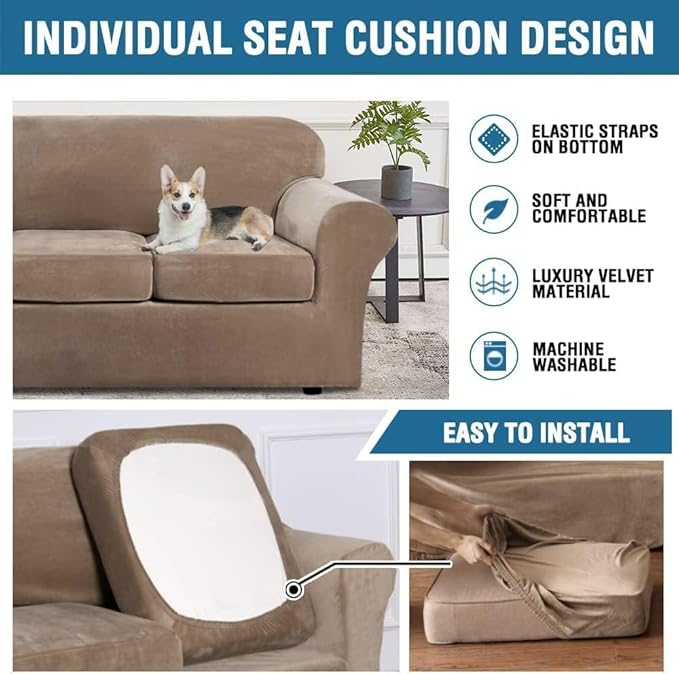 H.VERSAILTEX Velvet Plush 4 Piece High Stretch Sofa Slipcover Cover Furniture Protector Form Fit Thick Velvet Extra Large Sofa Cover for 3 Cushion Couch Width Up to 105 Inch (XL Sofa, Camel)
