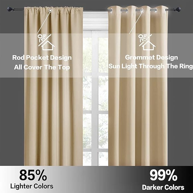 RYB HOME Short Curtains for Bedroom, Room Darkening Insulated Summer Heat Light UV Blocking Energy Saving Drapes for Nursery, Width 34 by Length 45, Biscotti Beige, Set of 2