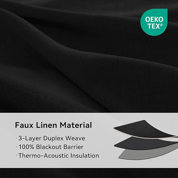 100% Blackout Shield Linen Blackout Curtains for Bedroom, Black Grommet Curtains for Living Room, Thermal Insulated Room Darkening Drapes for Nursery, Boho Home Decor, 50" W x 96" L, 2 Panels