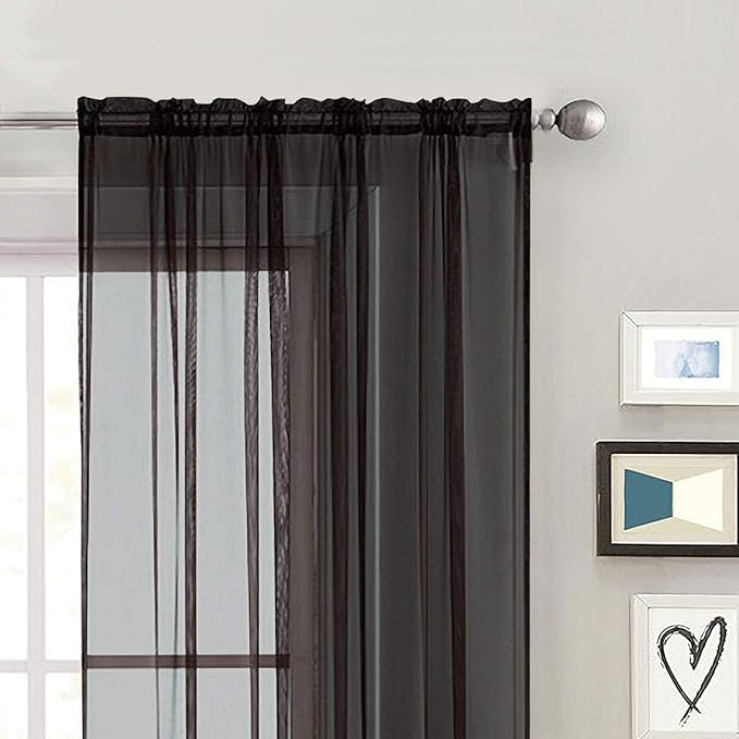 SpaceDresser Black Sheer Curtains 4 Panels Rod Pocket Semi-Sheer Curtain 72 Inches Long Light Filtering Voile Window Drapes for Bedroom Living Room Kitchen, Each 52W x 72L