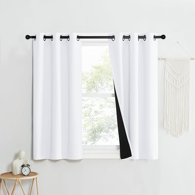 NICETOWN Pure White 100% Blackout Lined Curtains, 1 Pair, 37" Width x 50" Length Each Panel, 2 Thick Layers Narrow Wide Window Treatment Panels Thermal Insulated Drapes for Kitchen Small Window