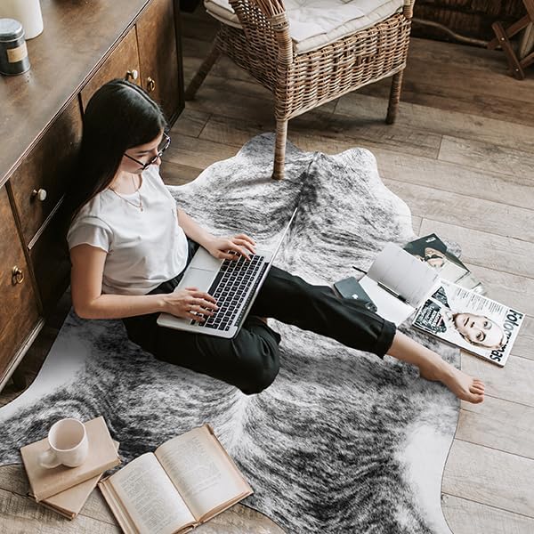 AROGAN Western Decor Faux Fur Cowhide Rug, 4 x 3 Feet Premium Animal Skin Cow Hide Rug, Sturdy Cow Print Rugs for Wall Decor, Western Floor Carpet for Bedroom Living Room, Black and Grey