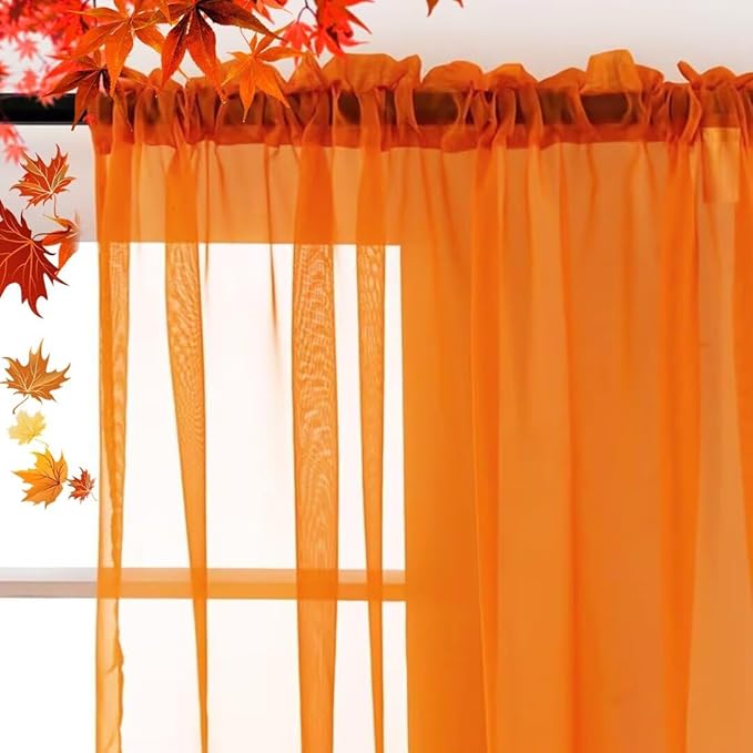SpaceDresser Basic Rod Pocket Sheer Voile Window Curtain Panels Orange 2 Panels 52 Width 72 Inch Long for Kitchen Bedroom Children Living Room Yard(Orange,52 W x 72 L)