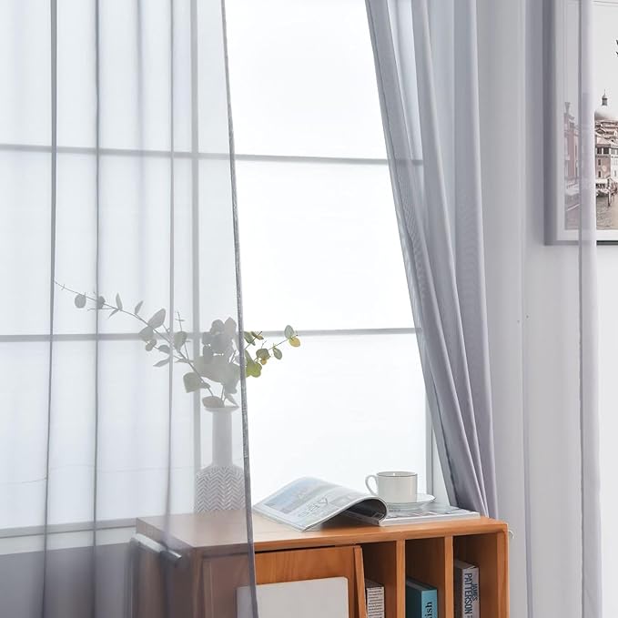 SpaceDresser Grey Sheer Curtains 4 Panels Rod Pocket Semi-Sheer Curtain 90 Inches Long Light Filtering Voile Window Drapes for Bedroom Living Room Kitchen, Each 52W x 90L