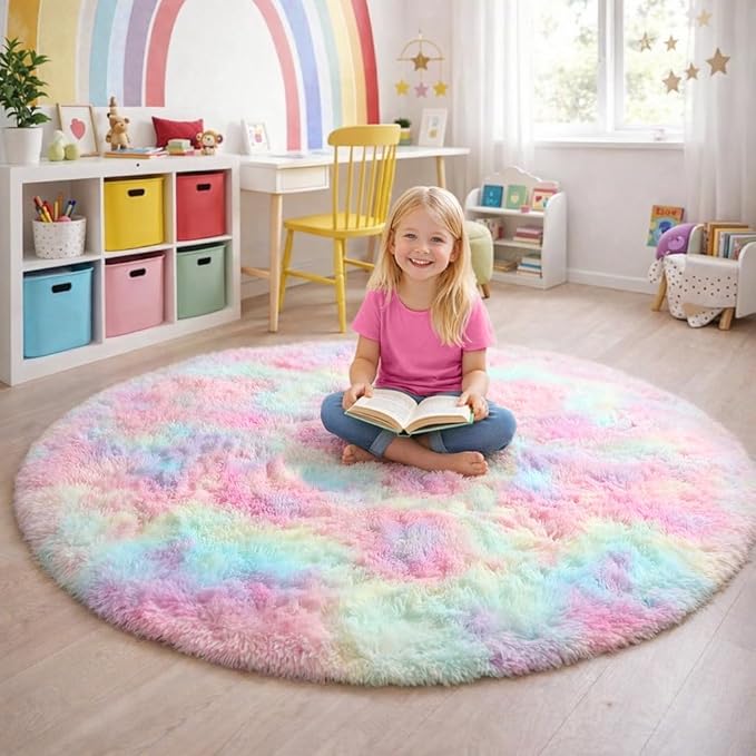 Amdrebio Rainbow Fluffy Round Rug 4Ft Kids Rugs for Girls Bedroom, Unicorn Room Decor, Colorful Pastel Shag Carpet for Preppy Dorm, Soft Cute Fuzzy Kawaii Circle Area Rugs for Baby Nursery, Playroom