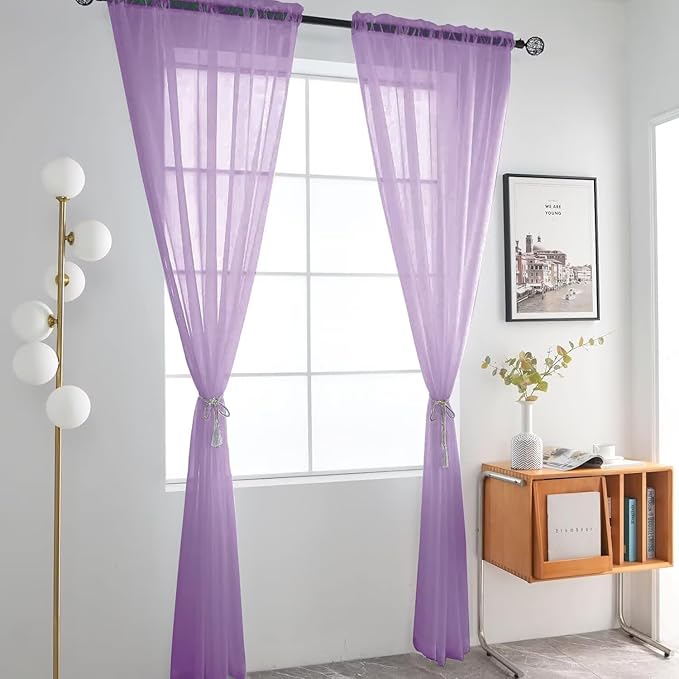 SpaceDresser Lavender Sheer Curtains 4 Panels Rod Pocket Semi-Sheer Curtain 54 Inches Long Light Filtering Voile Window Drapes for Bedroom Living Room Kitchen, Each 52W x54L