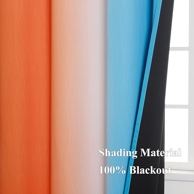 Ombre Orange and Blue Blackout Curtains 45 Inch Length 2 panels, Full Room Darkening Curtains for Bedroom, Thermal Insulated Gradient Drapes, Full Light Blocking Curtains with Grommet, 52x45 Inch