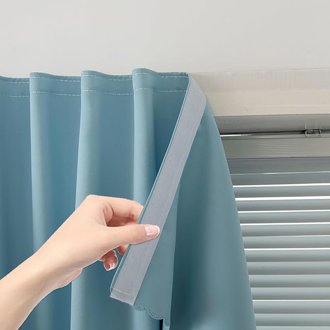 Self Adhesive Curtains, Portable Blackout Curtains Fabric Curtains for Living Room No Drilling, 59" W X 96" L, Lake Blue, 1 Panel