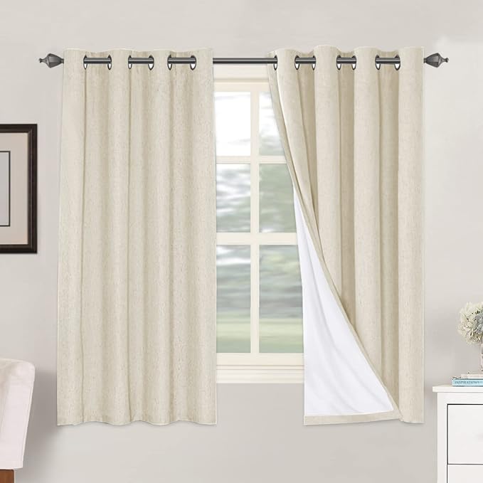 H.VERSAILTEX 100% Blackout Curtains for Bedroom Thermal Insulated Linen Textured Curtains Heat and Full Light Blocking Drapes Living Room Curtains 2 Panel Sets, Bleached Sand, 52x63 Inch