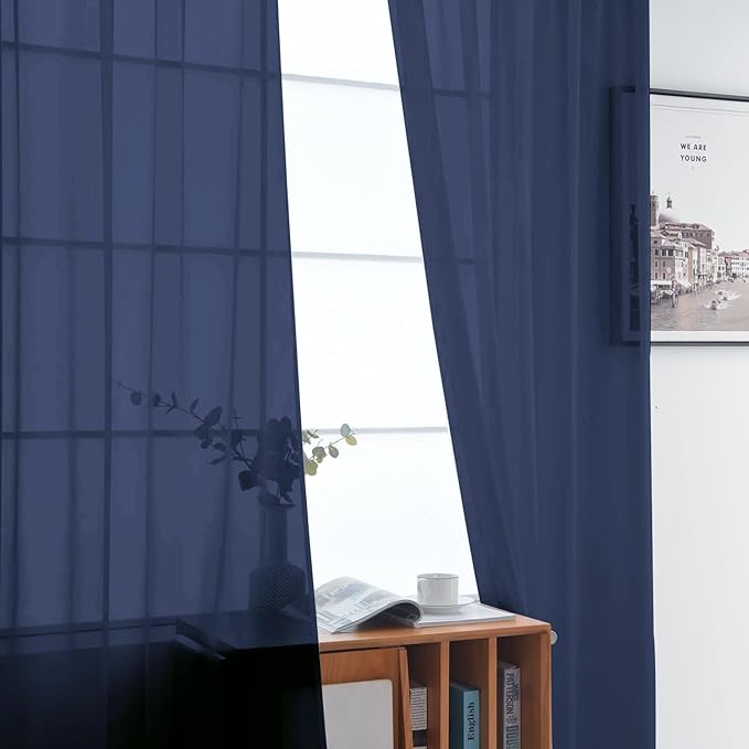 SpaceDresser Sheer Voile Window Treatment Rod Pocket Curtain Panels for Kitchen Bedroom Living Room Drapes Sunlight Filtering Privacy Semi Home Decor Assorted Colors Sizes (Navy, 52 W x 84 L)