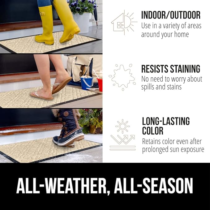 GORILLA GRIP 100% Waterproof All-Season WeatherMAX Doormat US Designed Natural Rubber, Stain and Fade Resistant, Low Profile Indoor Outdoor Door Mats, Easy Clean Patio Mat, 29x17, Modern Latte